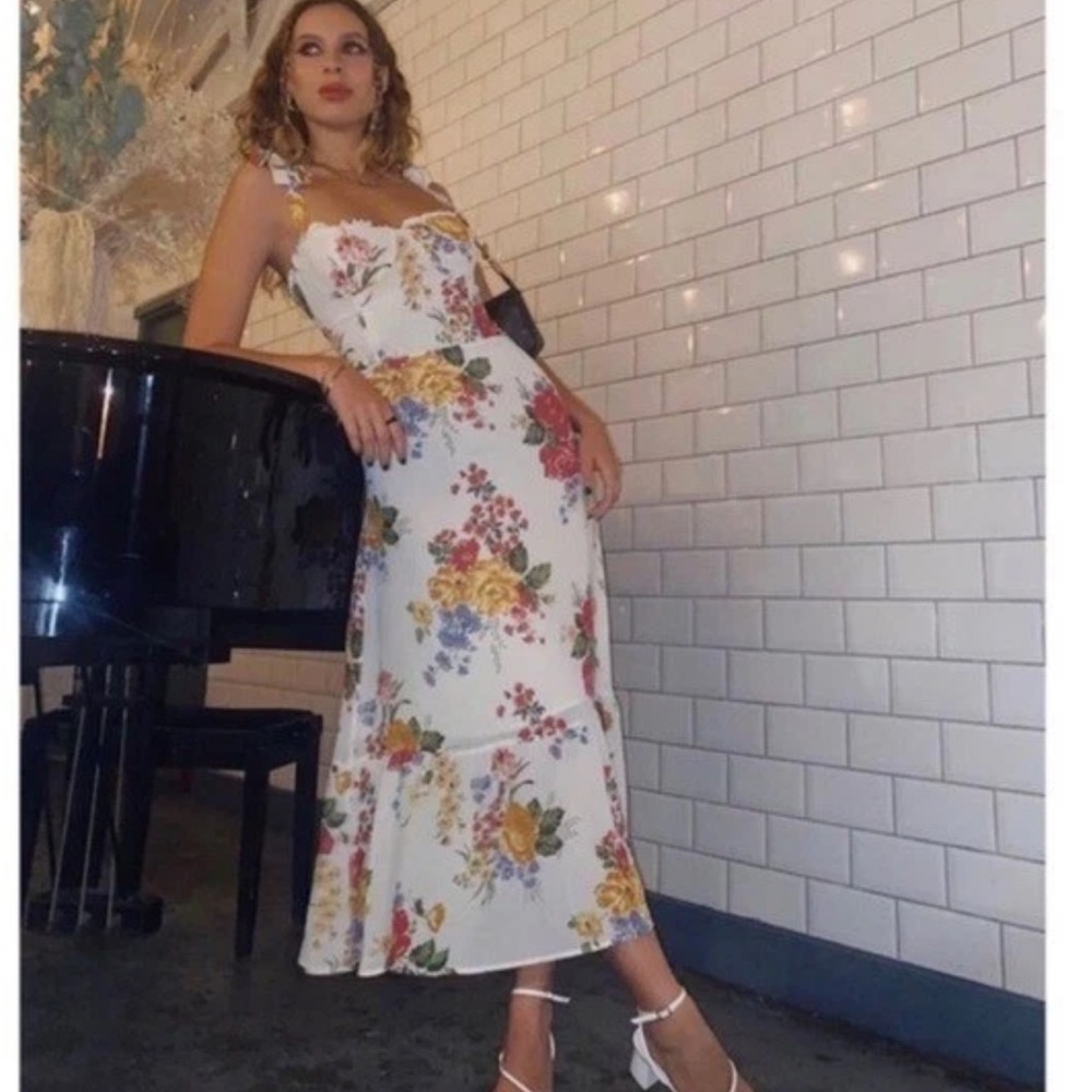 Reformation White Floral Midi Dress with Yellow & Red Blooms